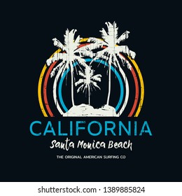 Vector illustration on the theme of surfing and, surf in California, Santa Monica beach. Vintage design. Grunge background. Sport typography, t-shirt graphics, print, poster, banner, flyer, postcard