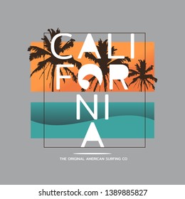 Vector illustration on the theme of surfing and surf in California. Sport typography, t-shirt graphics, print, poster, banner, flyer, postcard