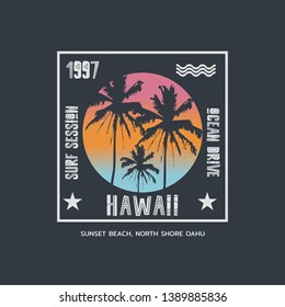 Ilustración vectorial sobre el tema del surf y el surf en Hawaii. Tipografía, gráficos en pantalones, impresión, afiche, pancarta, volante, postal