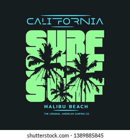 Vector illustration on the theme of surfing and surf in California, Malibu Beach. Sport typography, t-shirt graphics, print, poster, banner, flyer, postcard