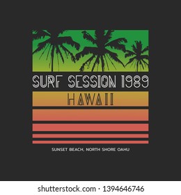 Vector illustration on the theme of surfing and surf in Hawaii. Sport typography, t-shirt graphics, print, poster, banner, flyer, postcard