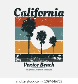 Vector illustration on the theme of surfing and surf in California, Venice Beach. Vintage design. Grunge background.  Sport typography, t-shirt graphics, print, poster, banner, flyer, postcard