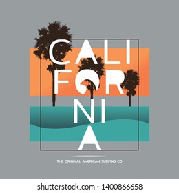 Vector illustration on the theme of surfing and surf in California. Sport typography, t-shirt graphics, print, poster, banner, flyer, postcard