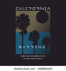Vector illustration on the theme of surfing and surf in California. Sport typography, t-shirt graphics, print, poster, banner, flyer, postcard