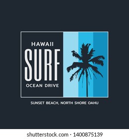Ilustración vectorial sobre el tema del surf y el surf en Hawaii. Tipografía deportiva, gráficos en pantalones, impresión, afiche, pancarta, volante, postal