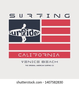 Vector illustration on the theme of surfing and surf in California, Venice beach. American flag.  Sport typography, t-shirt graphics, print, poster, banner, flyer, postcard
