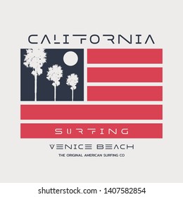Vector illustration on the theme of surfing and surf in California, Venice beach. American flag.  Sport typography, t-shirt graphics, print, poster, banner, flyer, postcard
