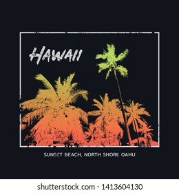 Vector illustration on the theme of surfing and surf in Hawaii. Vintage design. Grunge background.  Sport typography, t-shirt graphics, print, poster, banner, flyer, postcard
