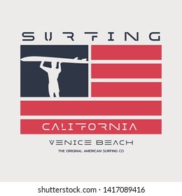 Vector illustration on the theme of surfing and surf in California, Venice beach. American flag.  Sport typography, t-shirt graphics, print, poster, banner, flyer, postcard
