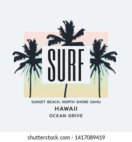 Vector illustration on the theme of surfing and surf in Hawaii. Typography, t-shirt graphics, print, poster, banner, flyer, postcard
