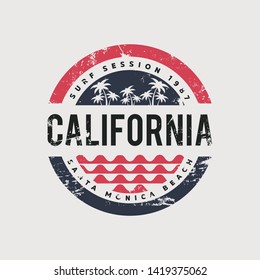 Vector illustration on the theme of surfing and surf in California, Santa Monica beach. Vintage design. Grunge background. Stump typography, t-shirt graphics, print, poster, banner, flyer, postcard