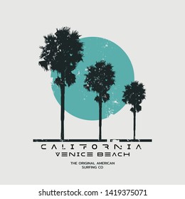 Vector illustration on the theme of surfing and surf in California, Venice beach. Vintage design. Grunge background. Stump typography, t-shirt graphics, print, poster, banner, flyer, postcard