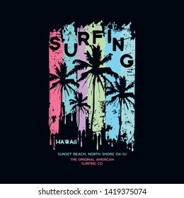 Ilustración vectorial sobre el tema del surf y el surf en Hawaii. Diseño de época. Borde fondo.  Tipografía deportiva, gráficos en pantalones, impresión, afiche, pancarta, volante, postal