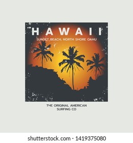 Vector illustration on the theme of surfing and surf in Hawaii. Vintage design. Grunge background.  Sport typography, t-shirt graphics, print, poster, banner, flyer, postcard