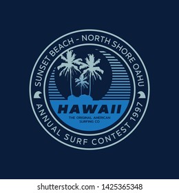 Vector illustration on the theme of surfing and surf in Hawaii. Stamp typography, t-shirt graphics, print, poster, banner, flyer, postcard