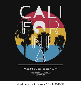 Vector illustration on the theme of surfing and surf in California, Venice beach. Sport typography, t-shirt graphics, print, poster, banner, flyer, postcard
