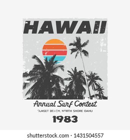 Vector illustration on the theme of surfing and surf in Hawaii. Vintage design. Grunge background.  Sport typography, t-shirt graphics, print, poster, banner, flyer, postcard