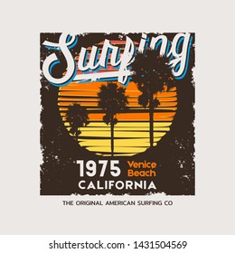 Vector illustration on the theme of surfing and surf in California, Venice Beach. Vintage design. Grunge background.  Sport typography, t-shirt graphics, print, poster, banner, flyer, postcard