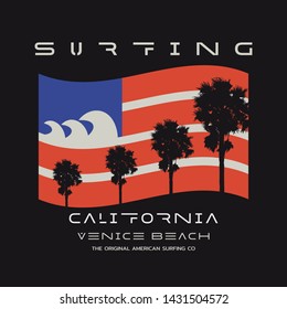 Vector illustration on the theme of surfing and surf in California, Venice beach. American flag.  Sport typography, t-shirt graphics, print, poster, banner, flyer, postcard