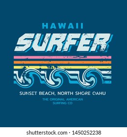 Vector illustration on the theme of surfing and surf rider in Hawaii. Vintage design. Sport typography, t-shirt graphics, print, poster, banner, flyer, postcard