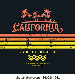 Vector illustration on the theme of surfing and surf in California, Venice beach. Vintage design. Grunge background. Sport typography, t-shirt graphics, print, poster, banner, flyer, postcard