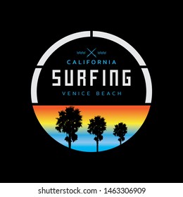 Vector illustration on the theme of surfing and surf rider in California, Venice beach. Stamp typography, t-shirt graphics, print, poster, banner, flyer, postcard