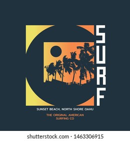 Vector illustration on the theme of surfing and surf in Hawaii. Sport typography, t-shirt graphics, print, poster, banner, flyer, postcard
