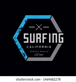 Vector illustration on the theme of surfing and surf in California, Venice beach. Stamp typography, t-shirt graphics, print, poster, banner, flyer, postcard