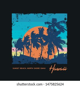 Vector illustration on the theme of surfing and surf in Hawaii. Vintage design. Grunge background.  Sport typography, t-shirt graphics, print, poster, banner, flyer, postcard