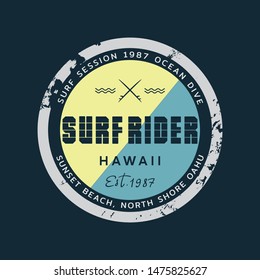Vector illustration on the theme of surfing and surf rider in Hawaii. Stamp typography, t-shirt graphics, print, poster, banner, flyer, postcard