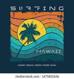 Vector Illustration On The Theme Of Surfing And Surf In Hawaii. Vintage Design. Grunge Background.  Sport Typography, T-shirt Graphics, Print, Poster, Banner, Flyer, Postcard