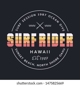 Vector illustration on the theme of surfing and surf rider in Hawaii. Stamp typography, t-shirt graphics, print, poster, banner, flyer, postcard