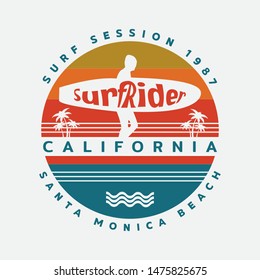 Vector illustration on the theme of surfing and surf rider in California, Santa Monica beach.  Stamp typography, t-shirt graphics, print, poster, banner, flyer, postcard
