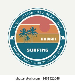 Vector illustration on the theme of surfing and surf in Hawaii. Stump typography, t-shirt graphics, print, poster, banner, flyer, postcard