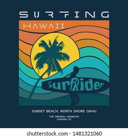 Vector illustration on the theme of surfing and surf rider in Hawaii. Sport typography, t-shirt graphics, print, poster, banner, flyer, postcard
