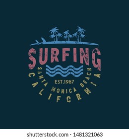 Vector illustration on the theme of surfing and surf in California, Santa Monica beach. Vintage design. Grunge background. Stump typography, t-shirt graphics, print, poster, banner, flyer, postcard