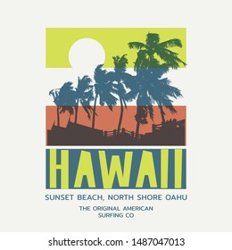 Vector illustration on the theme of surfing and surf in Hawaii. Sport typography, t-shirt graphics, print, poster, banner, flyer, postcard