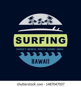 Vector illustration on the theme of surfing and surf in Hawaii. Stump typography, t-shirt graphics, print, poster, banner, flyer, postcard