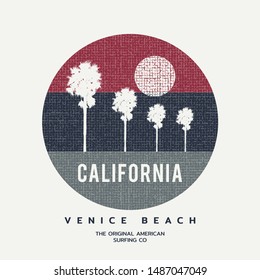 Vector illustration on the theme of surfing and surf in California, Venice beach.  Stamp typography, t-shirt graphics, print, poster, banner, flyer, postcard