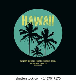 Vector illustration on the theme of surfing and surf in Hawaii. Sport typography, t-shirt graphics, print, poster, banner, flyer, postcard