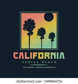 Vector illustration on the theme of surfing and surf in California, Venice beach.  Sport typography, t-shirt graphics, print, poster, banner, flyer, postcard