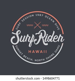 Vector illustration on the theme of surfing and surf rider in Hawaii. Stamp typography, t-shirt graphics, print, poster, banner, flyer, postcard