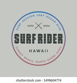 Vector illustration on the theme of surfing and surf rider in Hawaii. Stamp typography, t-shirt graphics, print, poster, banner, flyer, postcard
