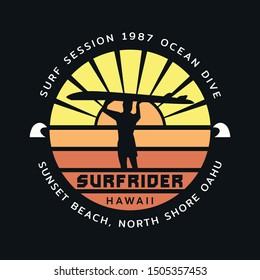 Vector illustration on the theme of surfing and surf rider in Hawaii. Stamp typography, t-shirt graphics, print, poster, banner, flyer, postcard