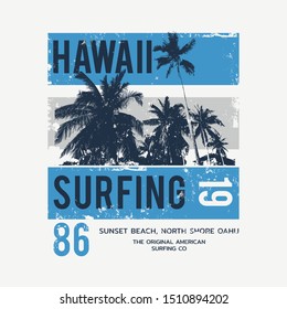 Vector illustration on the theme of surfing and surf in Hawaii. Vintage design. Grunge background.  