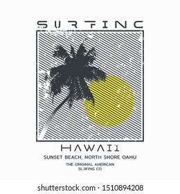 Vector illustration on the theme of surfing and surf in Hawaii. Vintage design. Grunge background.   