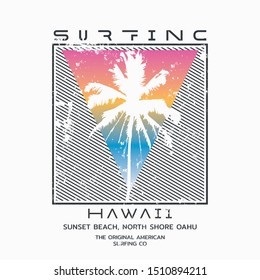 Vector illustration on the theme of surfing and surf in Hawaii. Vintage design. Grunge background.  