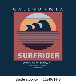 Vector illustration on the theme of surfing and surf rider in California, Venice beach. Stamp typography, t-shirt graphics, print, poster, banner, flyer, postcard