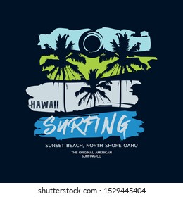 Vector illustration on the theme of surfing and surf in Hawaii. Vintage design. Grunge background.  Sport typography, t-shirt graphics, print, poster, banner, flyer, postcard