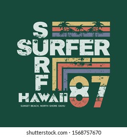 Vector illustration on the theme of surfing and surf in Hawaii. Vintage design. Grunge background.  Sport typography, t-shirt graphics, print, poster, banner, flyer, postcard